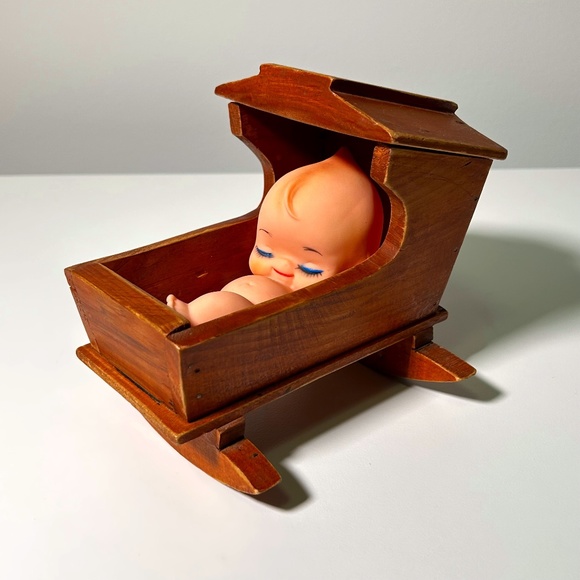 Vintage Reclining Kewpie Doll with Vintage Handmade Wood Rocking Crib - Picture 1 of 7